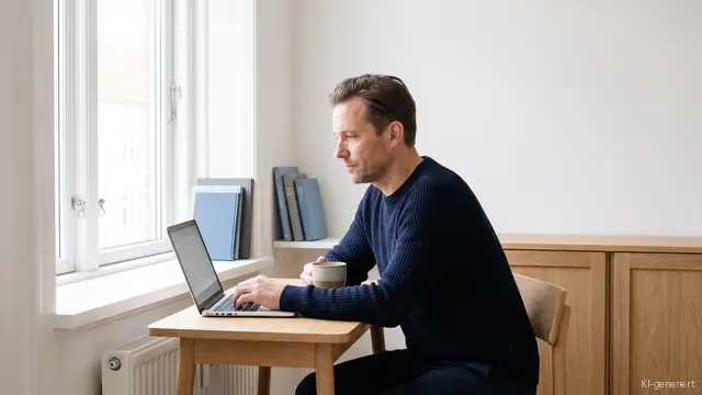 Mann schreibt am Laptop an einem Tisch neben dem Fenster