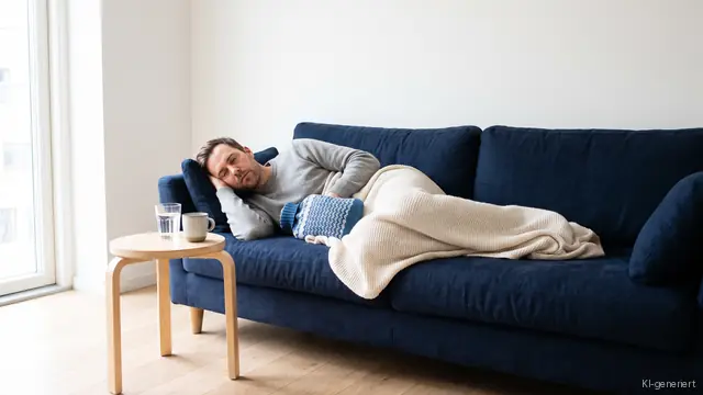Mann liegt unter einer Decke auf einem Sofa, daneben stehen Wasser und eine Tasse